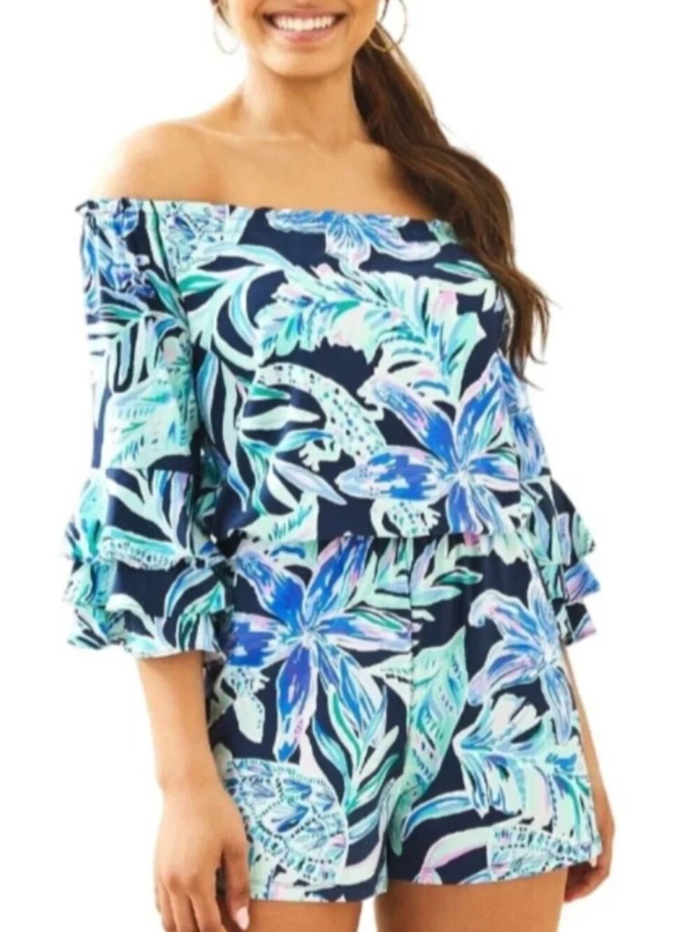LILLY PULITZER CALLA OFF-THE-SHOULDER ROMPER Ready Set Gecko - Size L